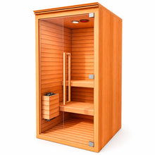 Sauna para 2 personas en perspectiva izquierda, cabina de madera con cristal templado y estilo moderno de lujo.