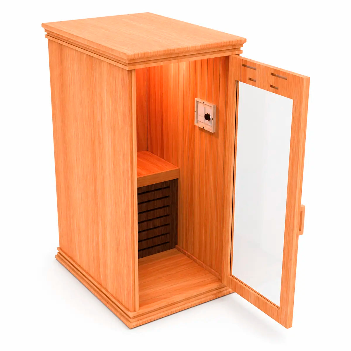 Sauna individual abierto con puerta de vidrio, detalle interior de bancas de madera y espacio premium para bienestar en casa.