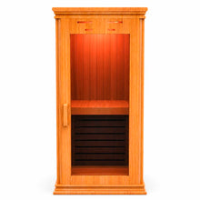 Sauna individual de madera con vista frontal, cabina compacta con puerta de vidrio templado y diseño premium para relajación en casa.