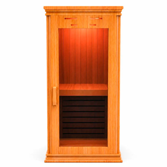 Sauna individual de madera con vista frontal, cabina compacta con puerta de vidrio templado y diseño premium para relajación en casa.