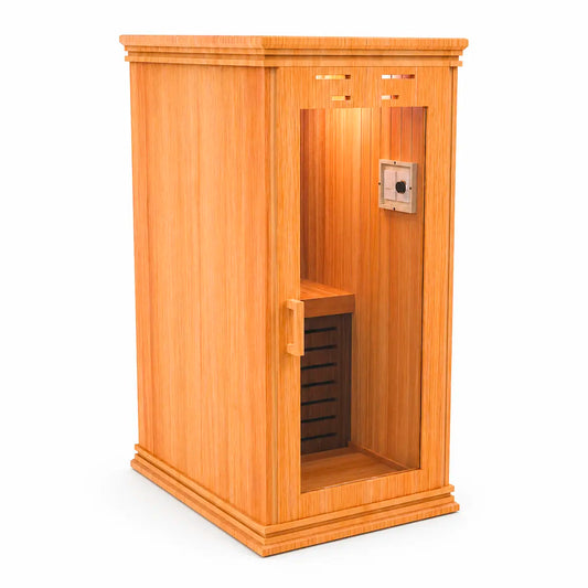 Sauna individual de madera en perspectiva derecha, acabado premium tipo cedro, puerta de vidrio y cabina compacta para uso residencial.