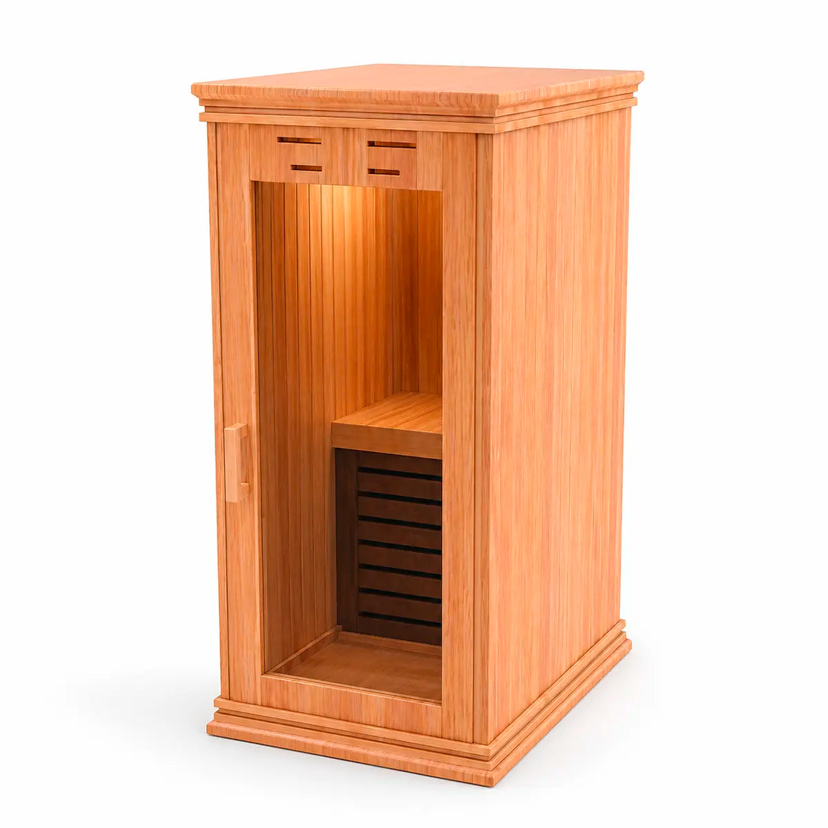 Sauna individual de madera en perspectiva izquierda, diseño elegante con cristal templado y acabado cálido tipo cedro premium.