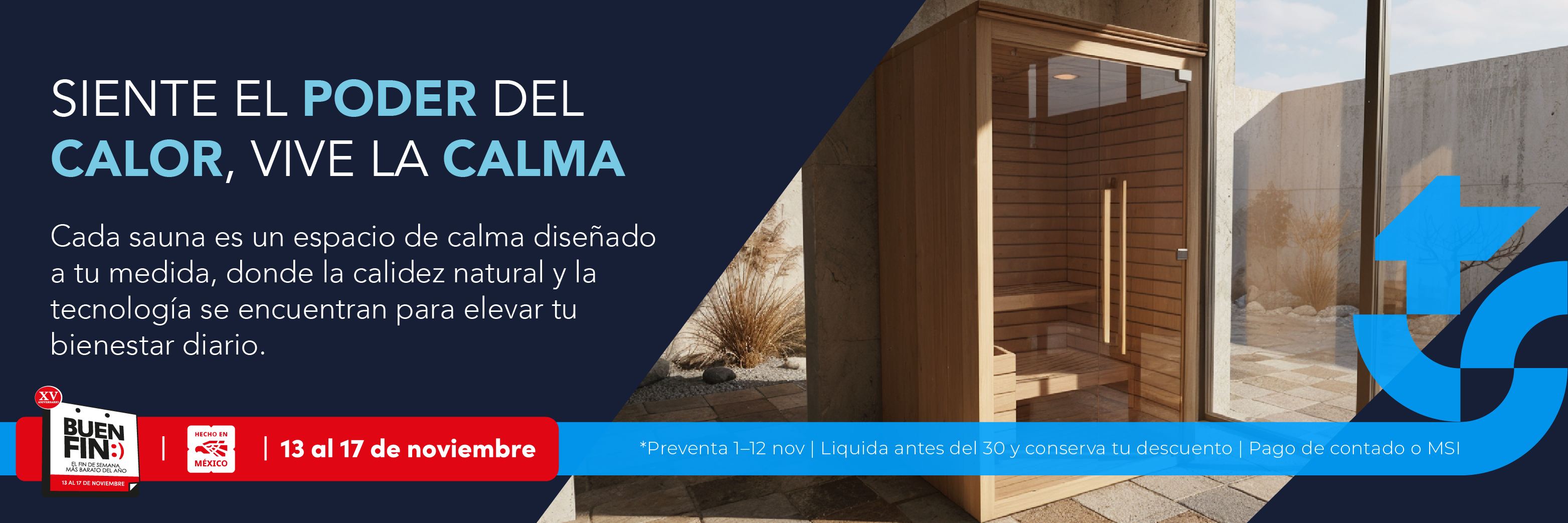 Sauna de madera TotalSpa con iluminación cálida, diseño premium y cabina de cedro rojo fabricada en México.