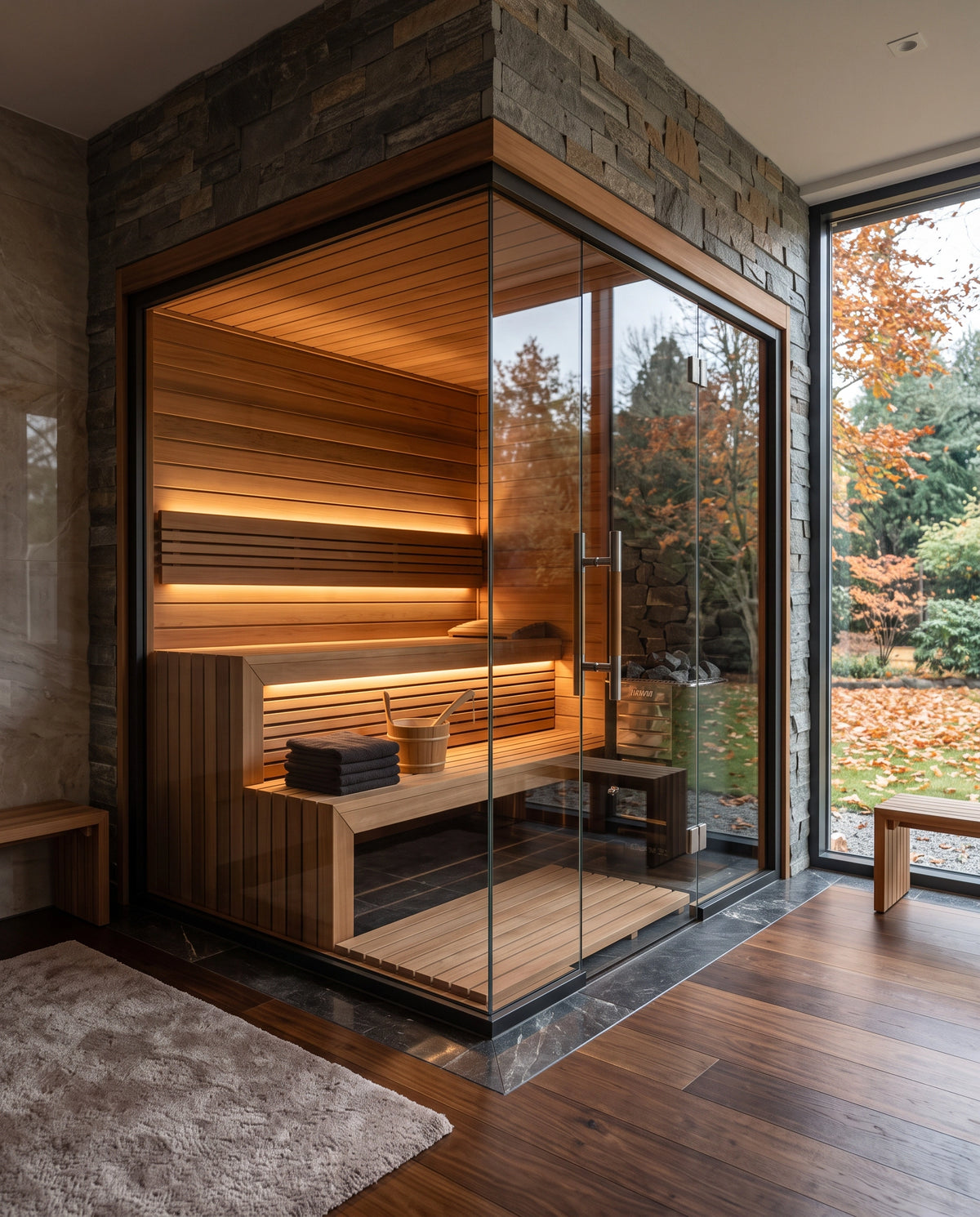 Sauna sobre diseño TotalSpa integrada en un espacio wellness moderno con madera natural, vidrio e iluminación cálida.