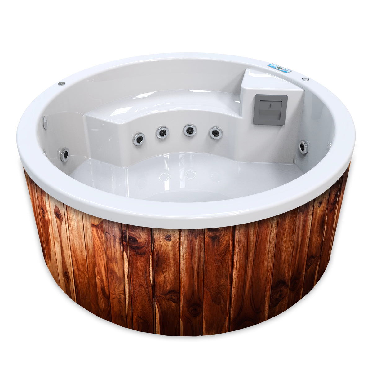 jacuzzi spa NEPTUNO para 2 personas, gabinete madera teca con acrílico color blanco; jacuzzi redondo ideal para jardines, terrazas o rooftops residenciales