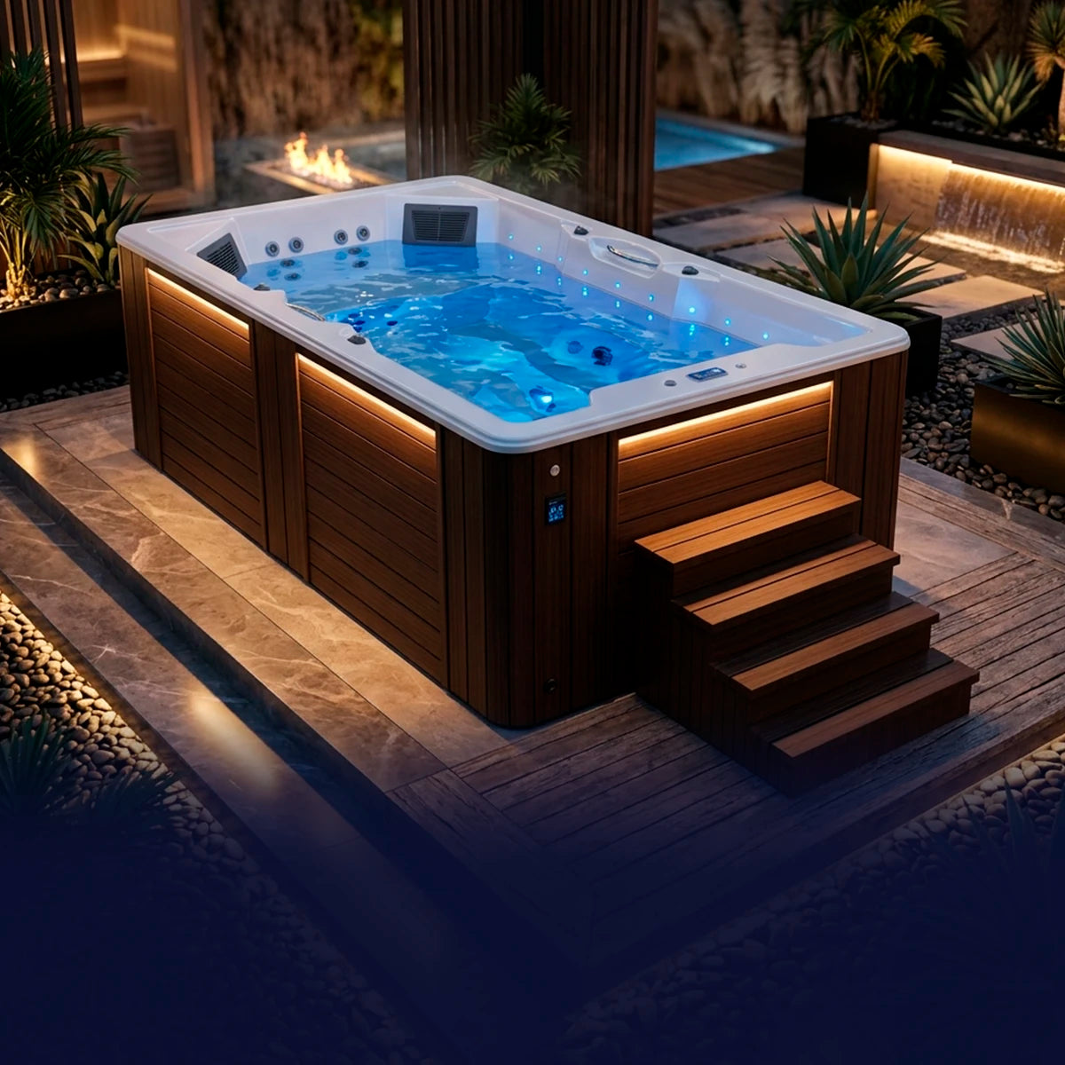 Swim spa exterior de noche con cromoterapia azul y ambiente wellness privado
