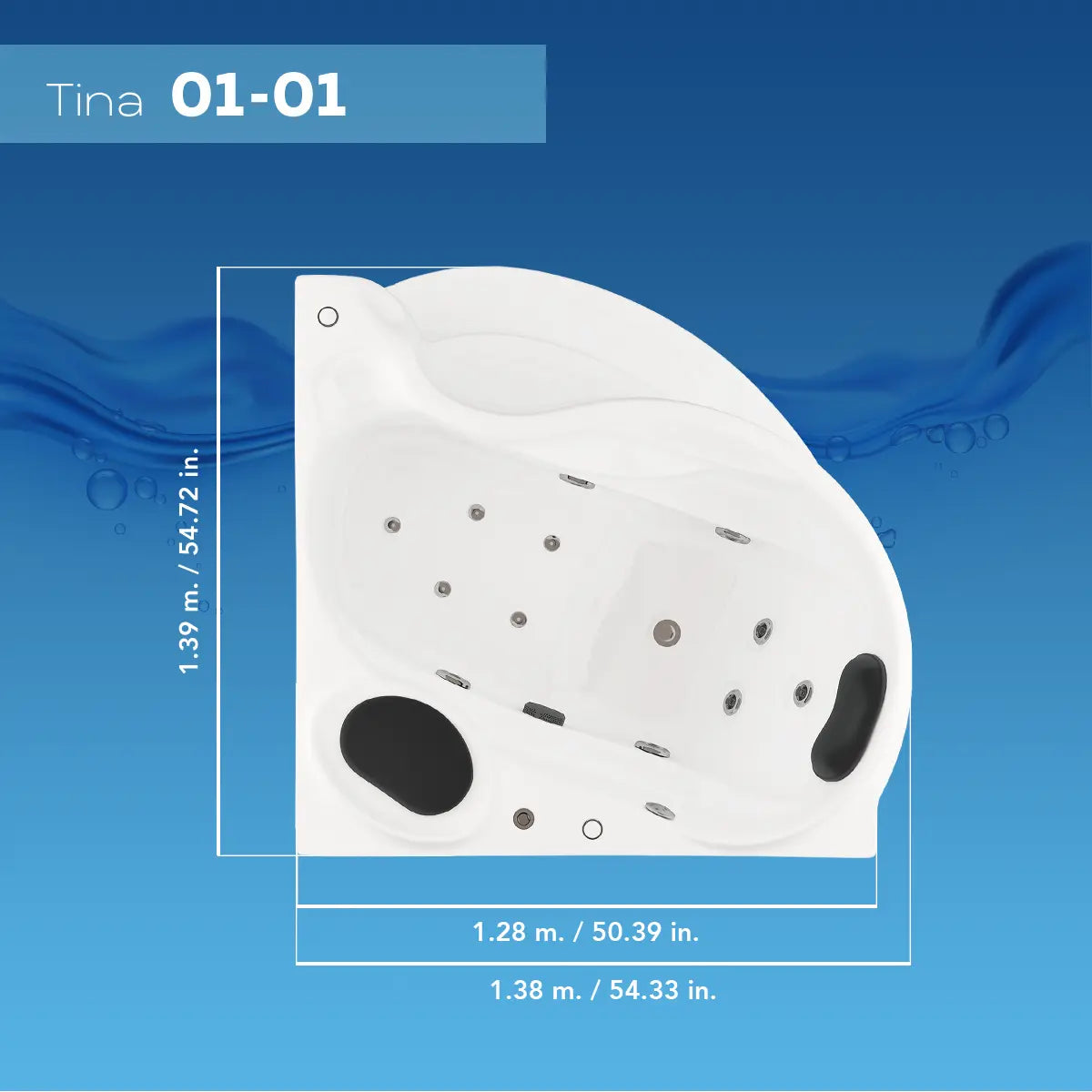 Ficha técnica de medidas de la tina esquinera 01-01 TotalSpa™, con proporciones amplias y faldón de doble escalón.
