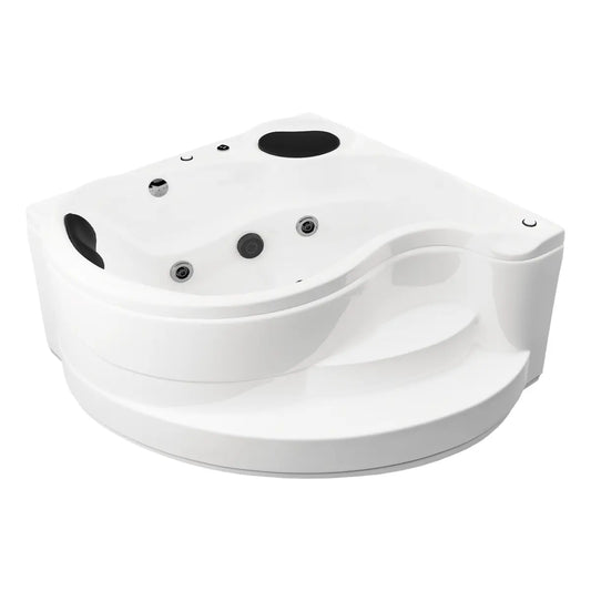 Perspectiva derecha de la tina esquinera 01-01 TotalSpa™ con faldón completo y escalones integrados, diseño funcional y elegante.