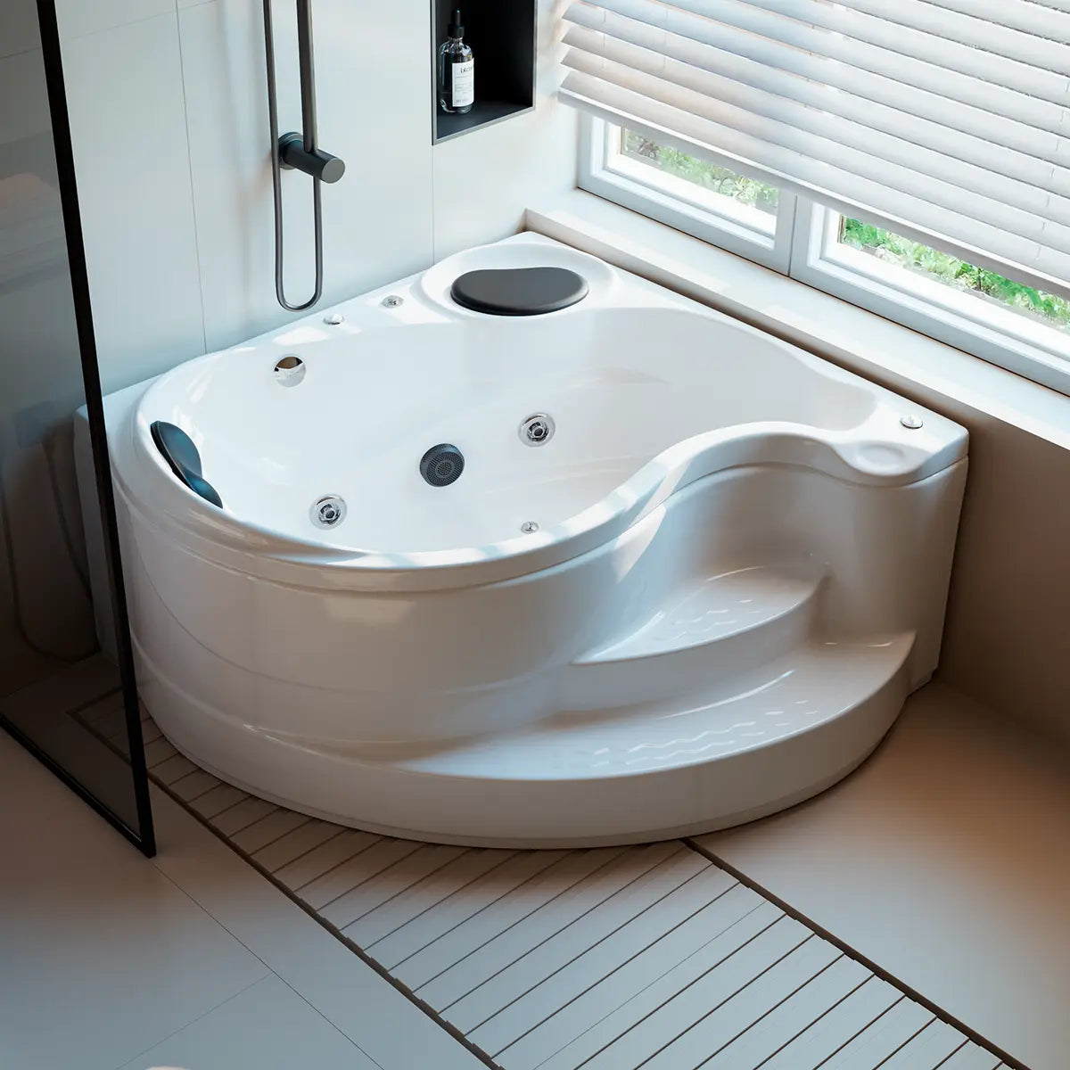 Render de la tina esquinera 01-01 TotalSpa™ en baño interior moderno, con luz natural y diseño de lujo.