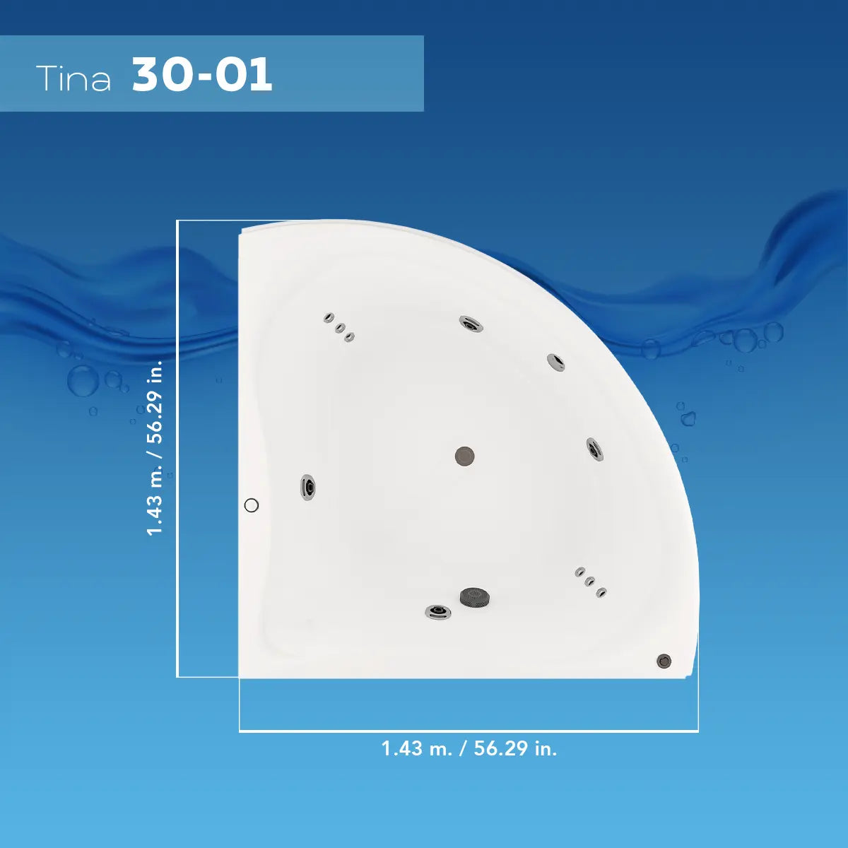 Ficha técnica de medidas de la tina esquinera 30-01 TotalSpa™, con faldón completo y estructura reforzada.