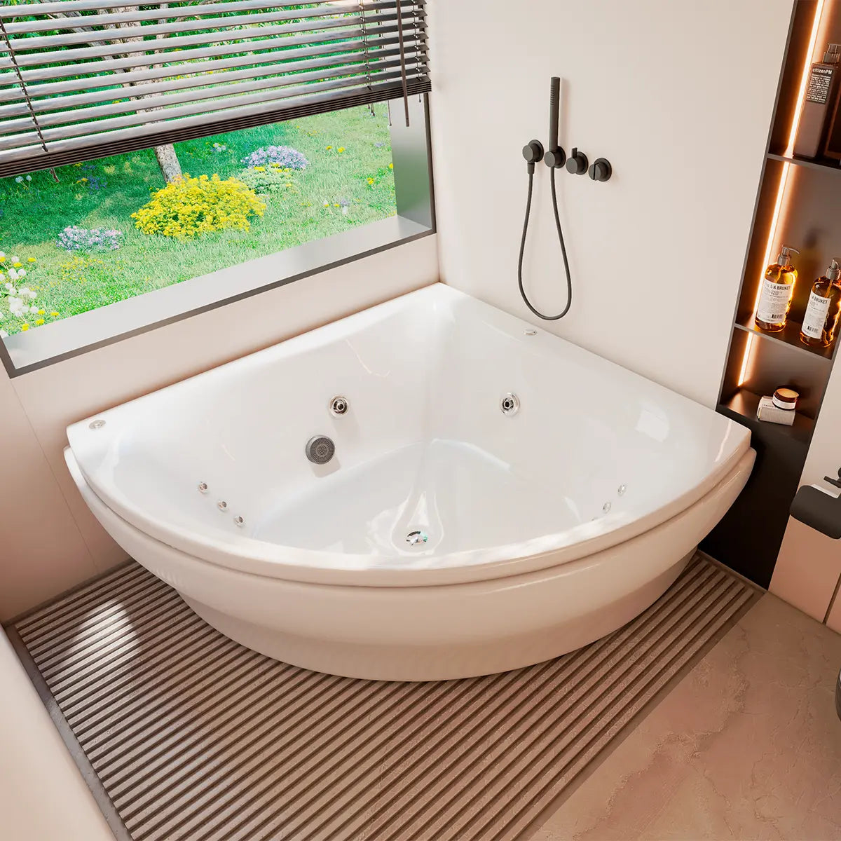 Render de la tina esquinera 30-01 TotalSpa™ instalada en baño interior elegante, con iluminación natural y acabados neutros.