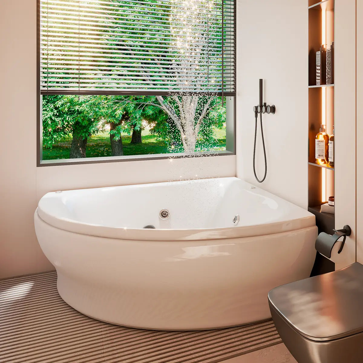 Render alternativo de la tina esquinera 30-01 TotalSpa™ con faldón, en ambiente residencial de lujo con detalles contemporáneos.