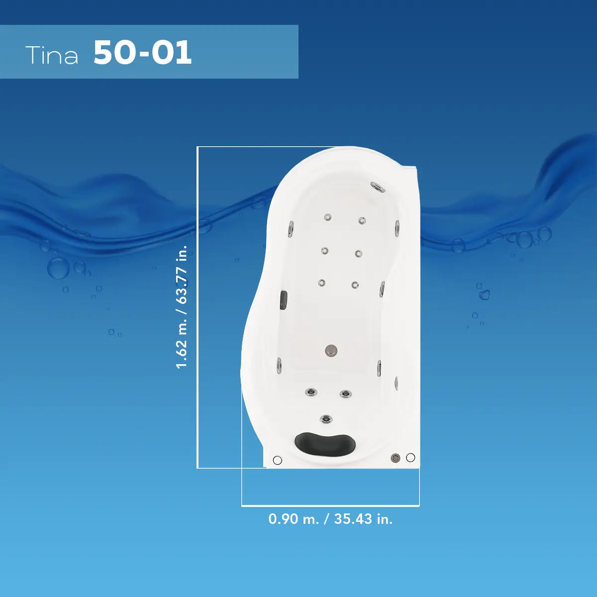 Ficha técnica de medidas de la tina esquinera 50-01 TotalSpa™, modelo con faldón de diseño compacto para interiores.