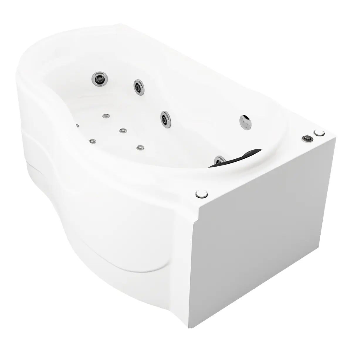 Perspectiva derecha de la tina esquinera 50-01 TotalSpa™ con faldón, diseño compacto y elegante ideal para interiores modernos.