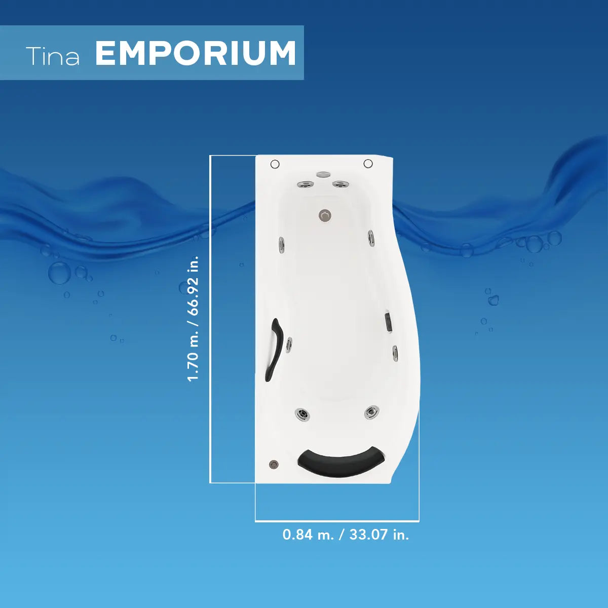 Ficha técnica de medidas de la tina Milenium Emporium TotalSpa™, modelo esquinero con faldón lateral y estructura reforzada.