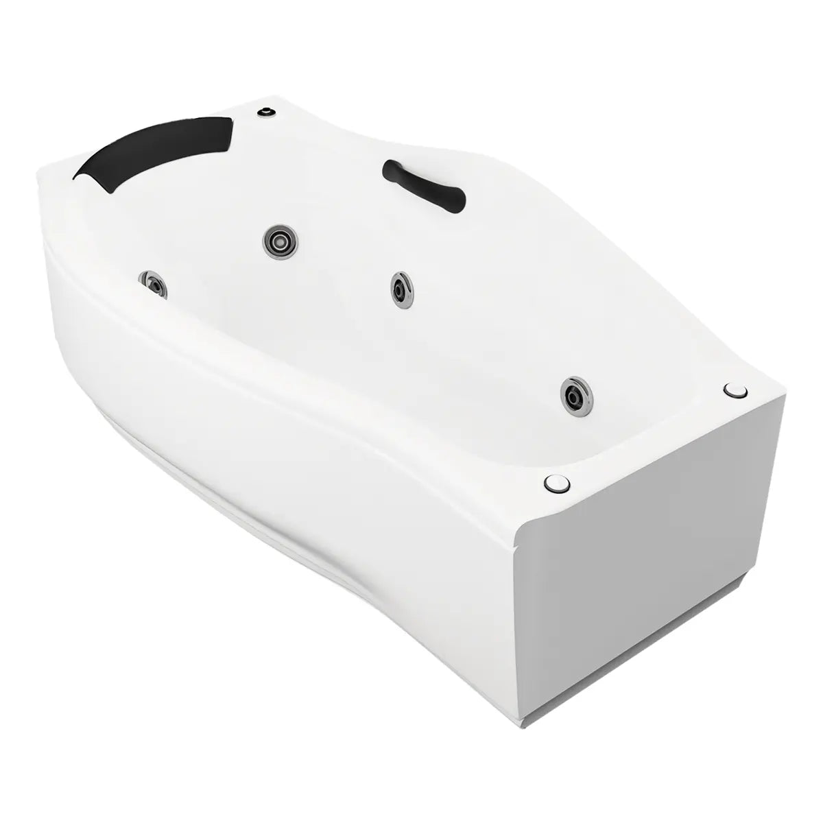 Perspectiva derecha de la tina esquinera Milenium Emporium TotalSpa™ con faldón lateral, diseño moderno de líneas suaves y elegantes.