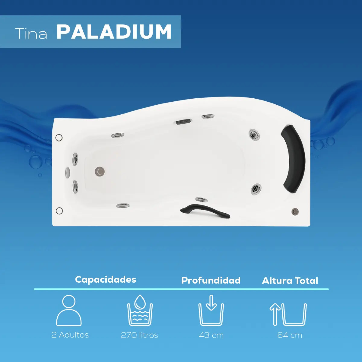 Capacidades de la tina Milenium Paladium TotalSpa™ para 2 adultos, 270 L, profundidad útil de 0.43 m y altura total de 0.64 m.