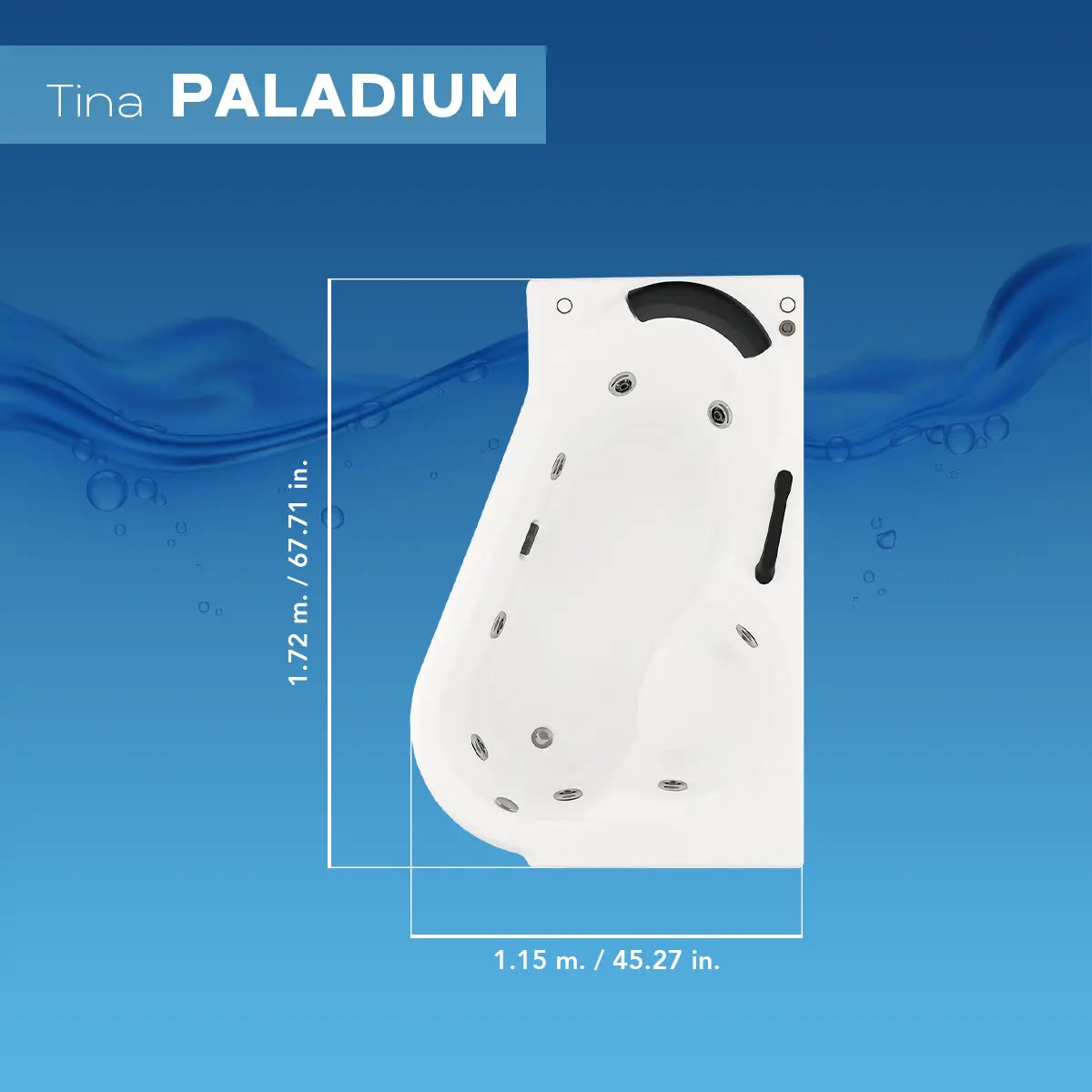 Ficha técnica de medidas de la tina Milenium Paladium TotalSpa™, modelo esquinero con faldón y estructura reforzada.