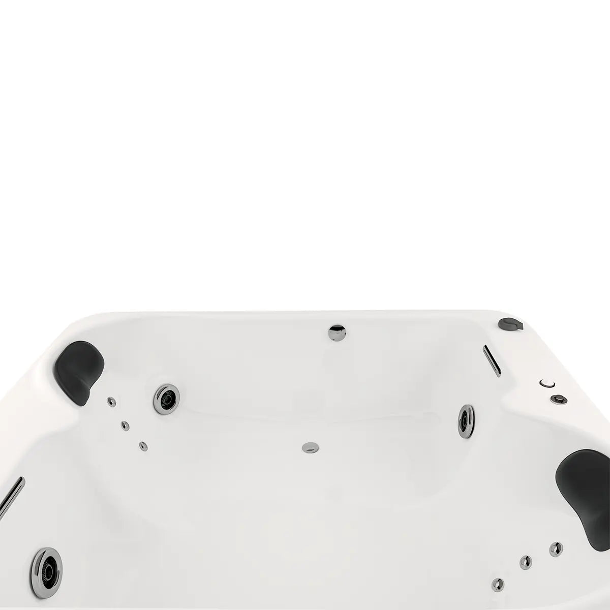 Acercamiento al sistema de hidromasaje de la tina Dublín, con jets direccionales y minijets lumbares para masaje relajante.