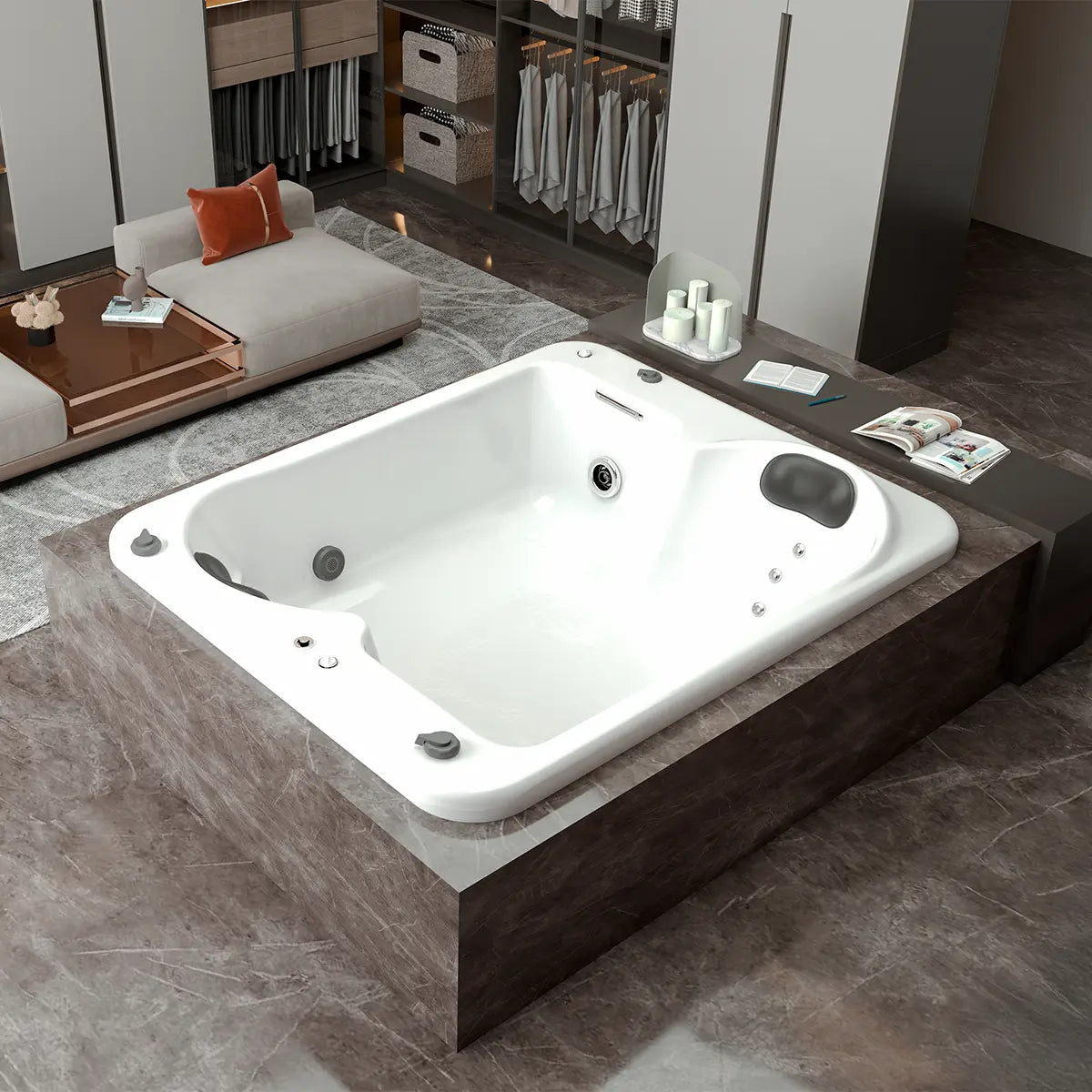 Render fotorrealista de la tina Dublín instalada en baño interior de lujo, con iluminación natural y ambiente spa.