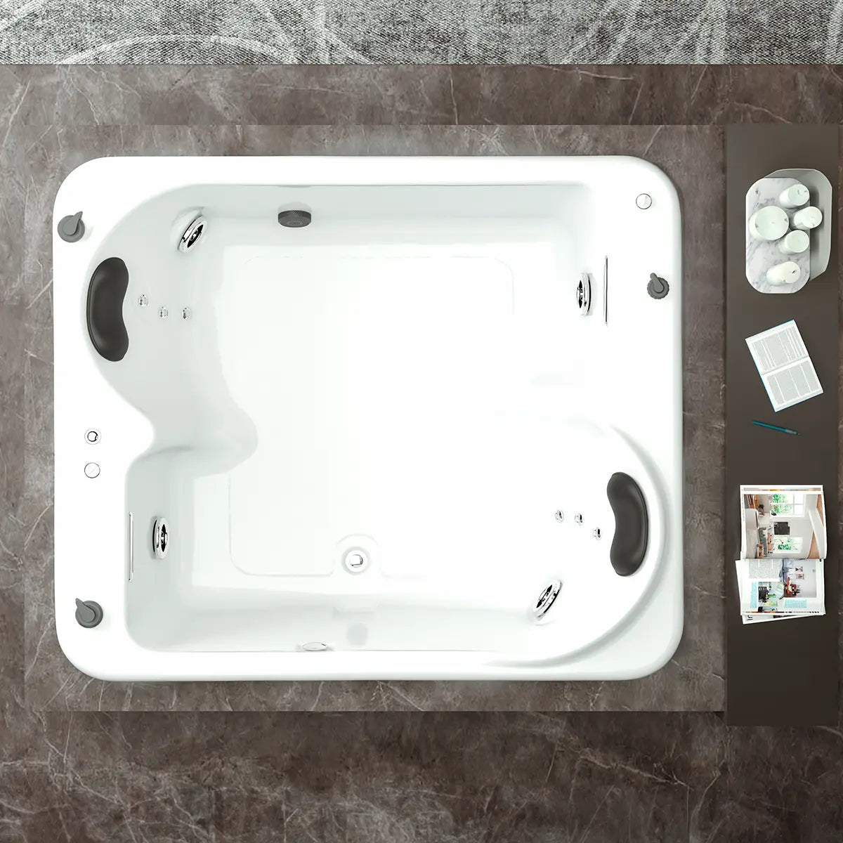 Render cenital de la tina Dublín en baño contemporáneo e hidromasaje.