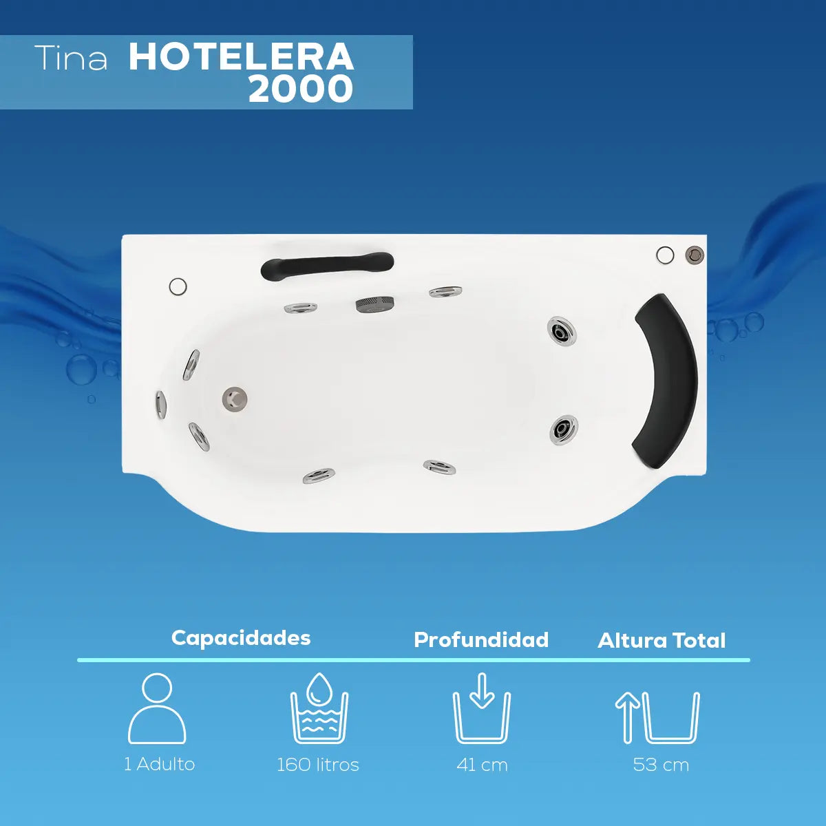 Capacidades de la tina Hotelera 2000 TotalSpa™ para 1 adulto, 160 L, profundidad útil de 0.41 m y altura total de 0.53 m.