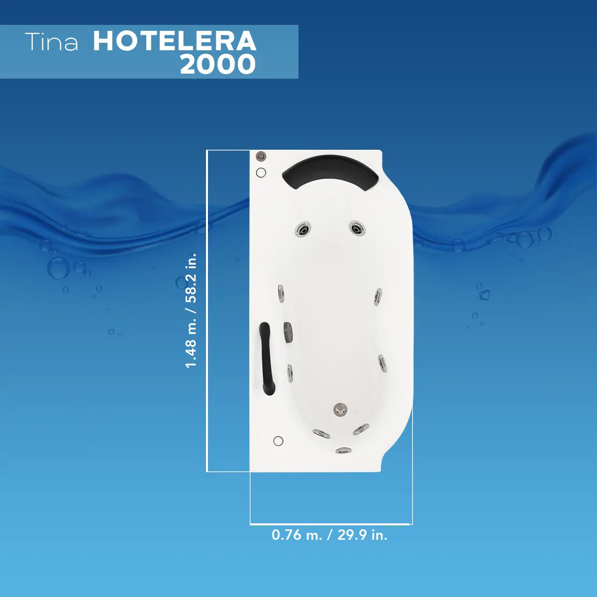 Ficha técnica de medidas de la tina Hotelera 2000 TotalSpa™, con proporciones ideales para habitaciones y suites.