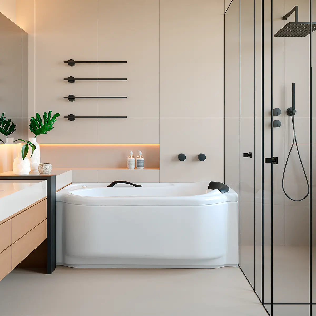 Render fotorrealista de la tina Hotelera 2000 TotalSpa™ en baño interior contemporáneo, con iluminación cálida y estilo elegante.