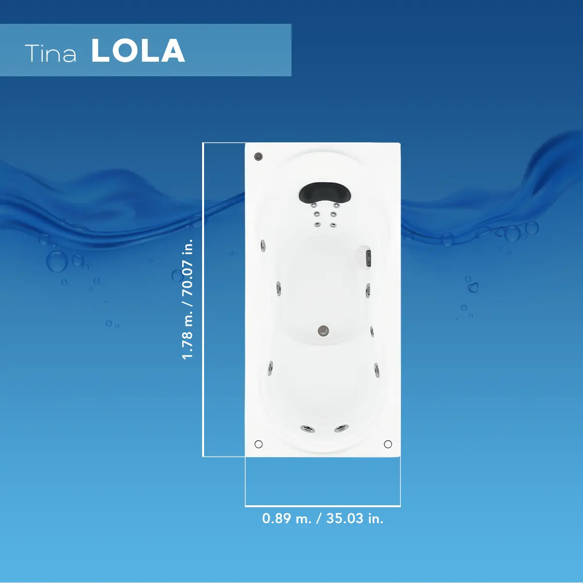 Ficha técnica de medidas de la tina Lola TotalSpa™, con proporciones ideales para espacios residenciales o de hotel.