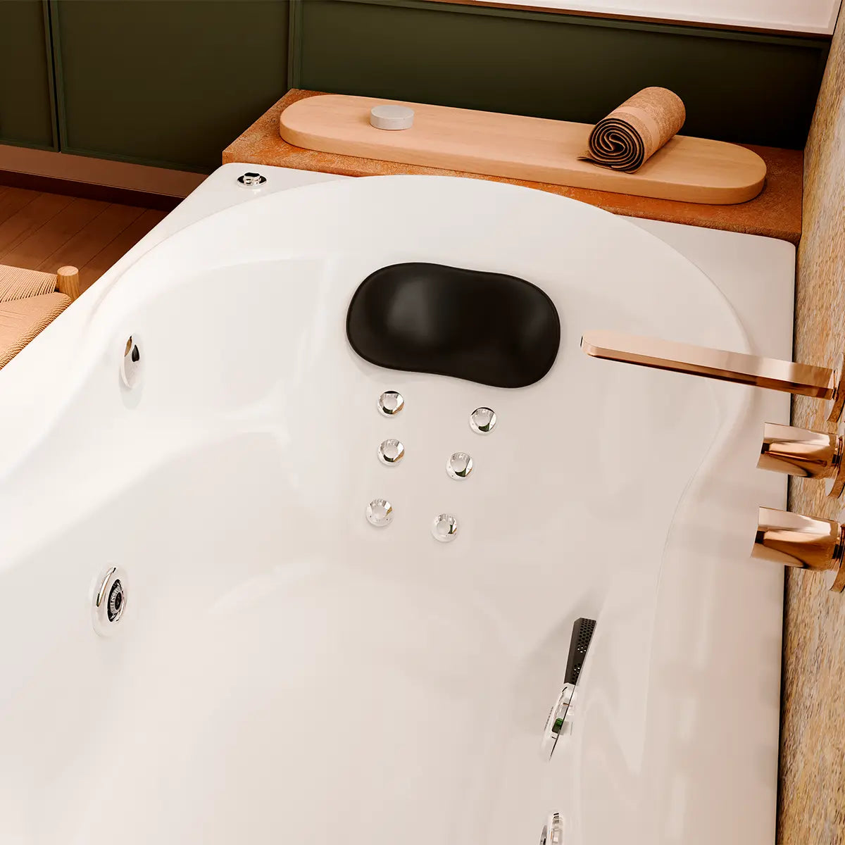 Render fotorrealista de la tina Lola TotalSpa™ instalada en interior empotrada en baño contemporáneo, con iluminación cálida y estilo elegante.