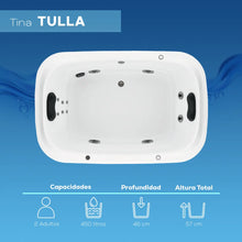 Capacidades de la tina Tulla TotalSpa™ para 2 adultos, 450 L, profundidad útil de 0.46 m y altura total de 0.57 m.