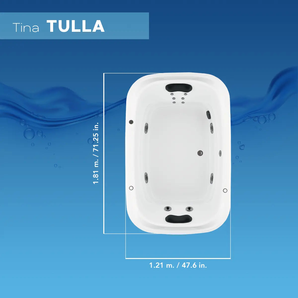 Ficha técnica de medidas de la tina Tulla TotalSpa™, modelo rectangular para 2 adultos, con proporciones amplias.