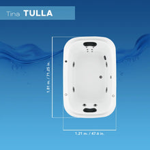 Ficha técnica de medidas de la tina Tulla TotalSpa™, modelo rectangular para 2 adultos, con proporciones amplias.