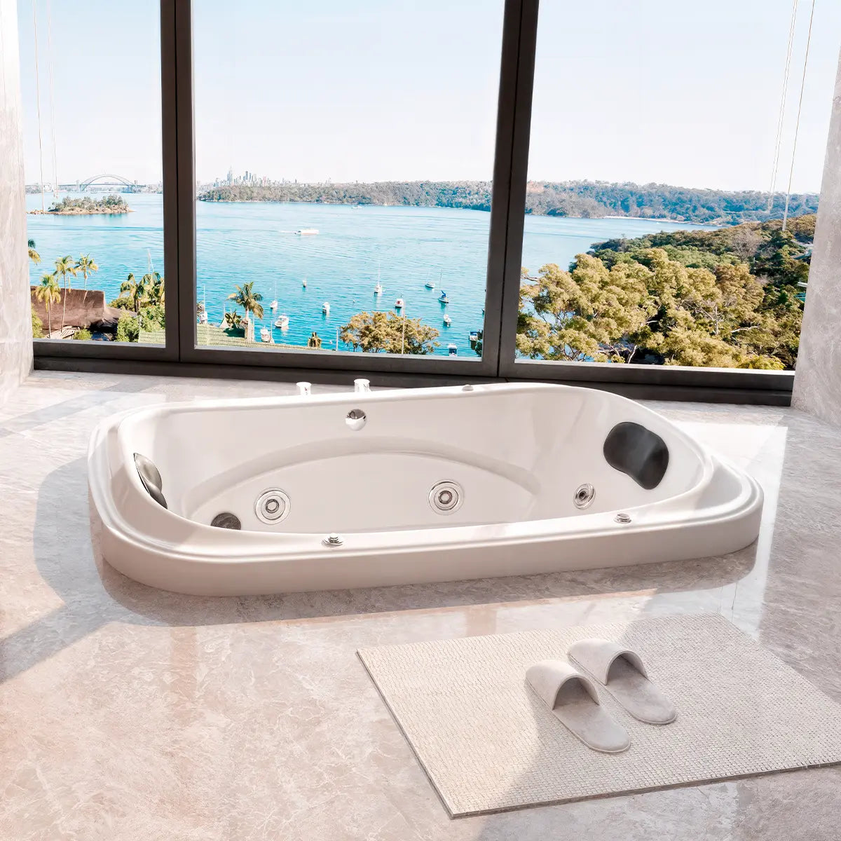 Render fotorrealista de la tina Tulla TotalSpa™ instalada en baño interior moderno, con luz natural y ambiente relajante.