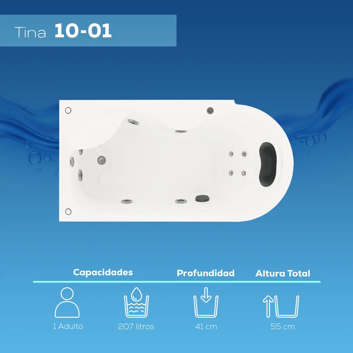 Capacidades de la tina 10-01 TotalSpa™ para 1 adulto, 207 L de agua, profundidad útil de 0.41 m y altura total de 0.55 m.