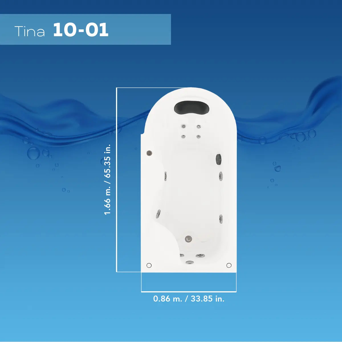 Ficha técnica de medidas de la tina 10-01 TotalSpa™, modelo empotrado rectangular de diseño ergonómico.