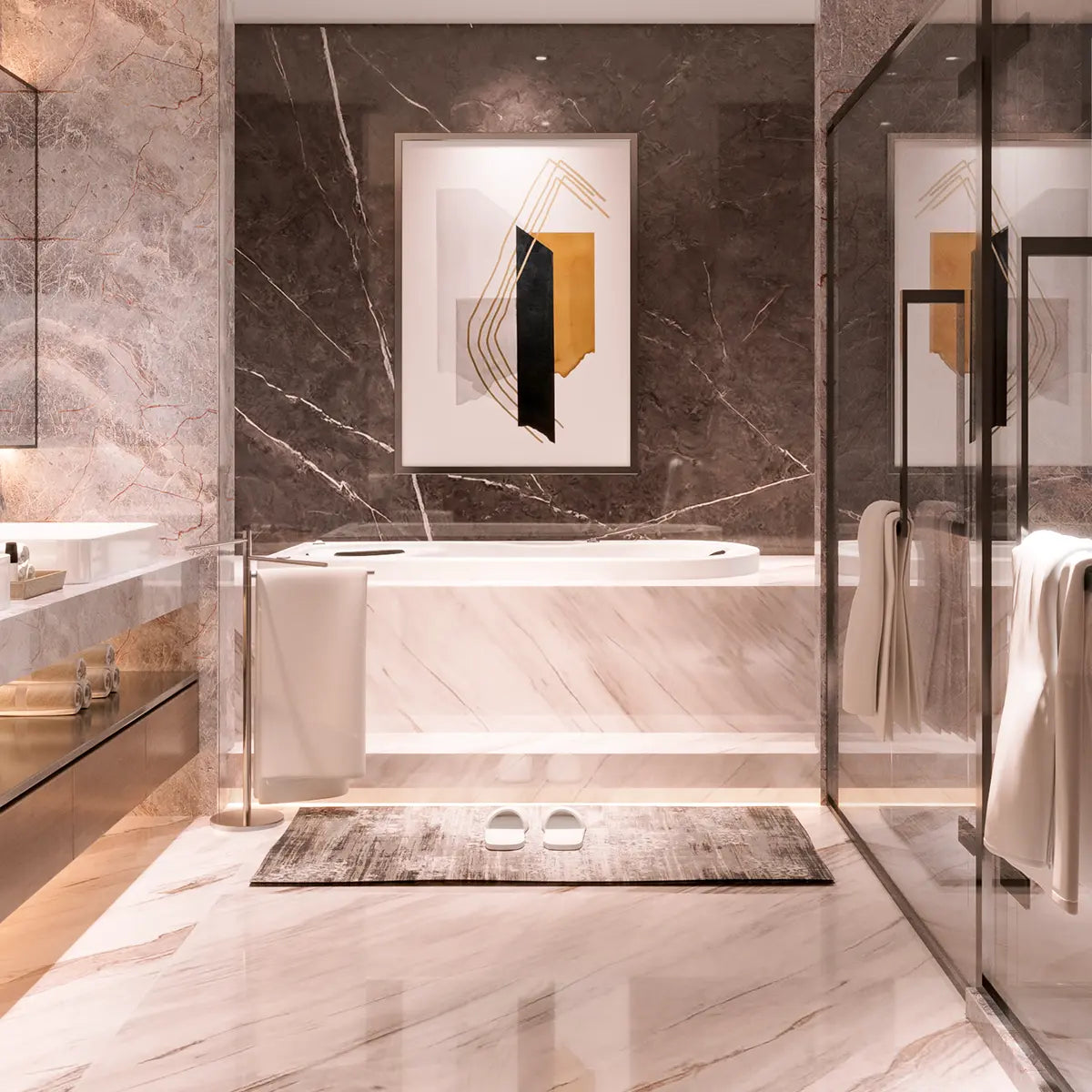 Render fotorrealista de la tina 10-01 TotalSpa™ empotrada en baño contemporáneo, con iluminación cálida y ambiente acogedor.