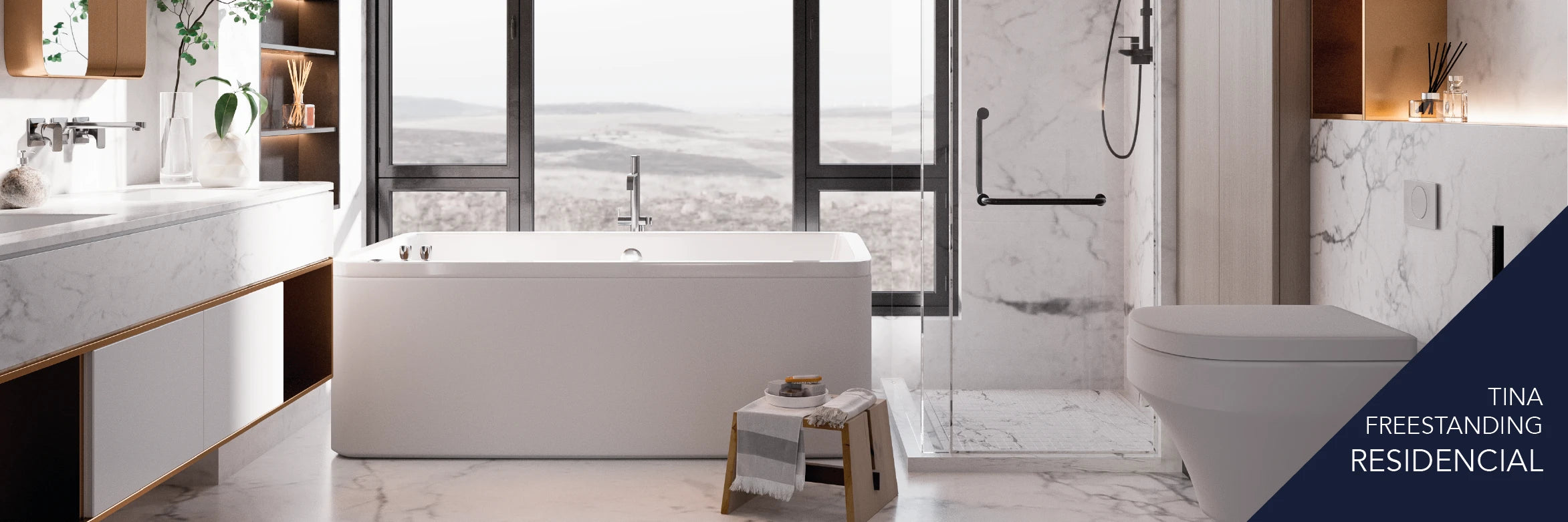 Tina freestanding de lujo en baño residencial moderno, solución wellness instalada por TotalSpa