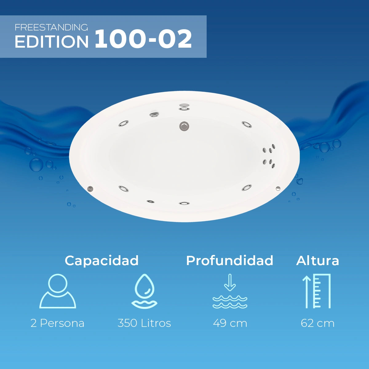 Infografía con capacidad de 350 L y profundidad de 49 cm del modelo 100-02