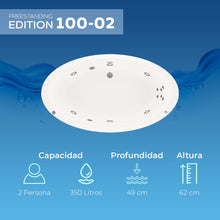 Infografía con capacidad de 350 L y profundidad de 49 cm del modelo 100-02