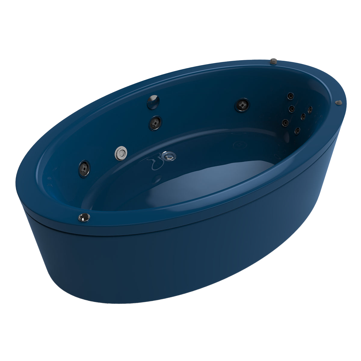 Variante color azul adriático del modelo 100-02 con hidromasaje y diseño ovalado envolvente
