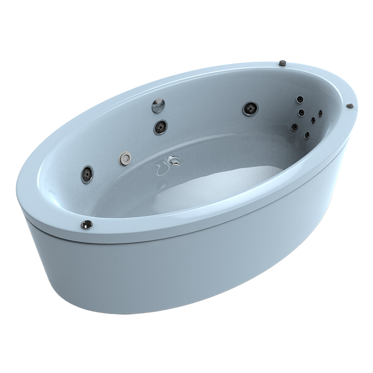 Variante color azul claro del modelo 100-02 con hidromasaje y diseño ovalado envolvente