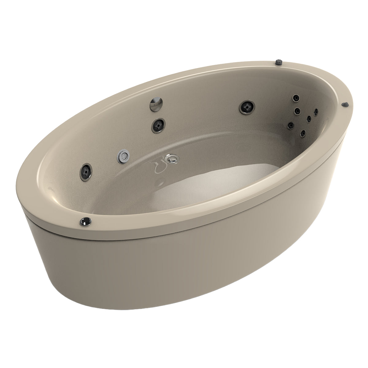 Variante color beige nuevo del modelo 100-02 con hidromasaje y diseño ovalado envolvente