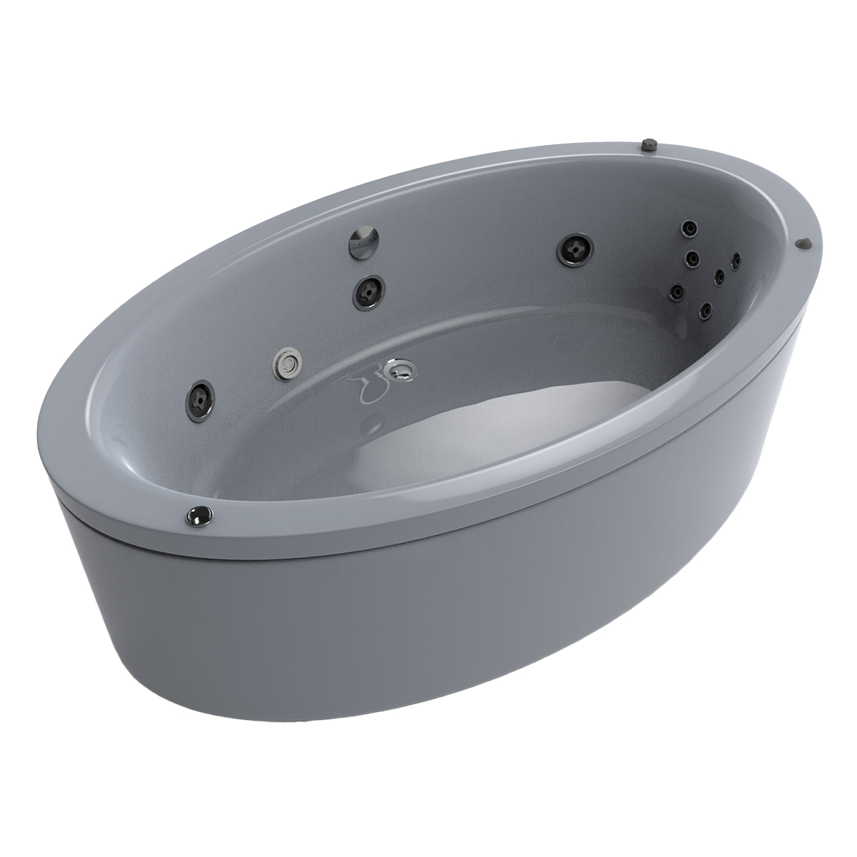 Variante color platino del modelo 100-02 con hidromasaje y diseño ovalado envolvente
