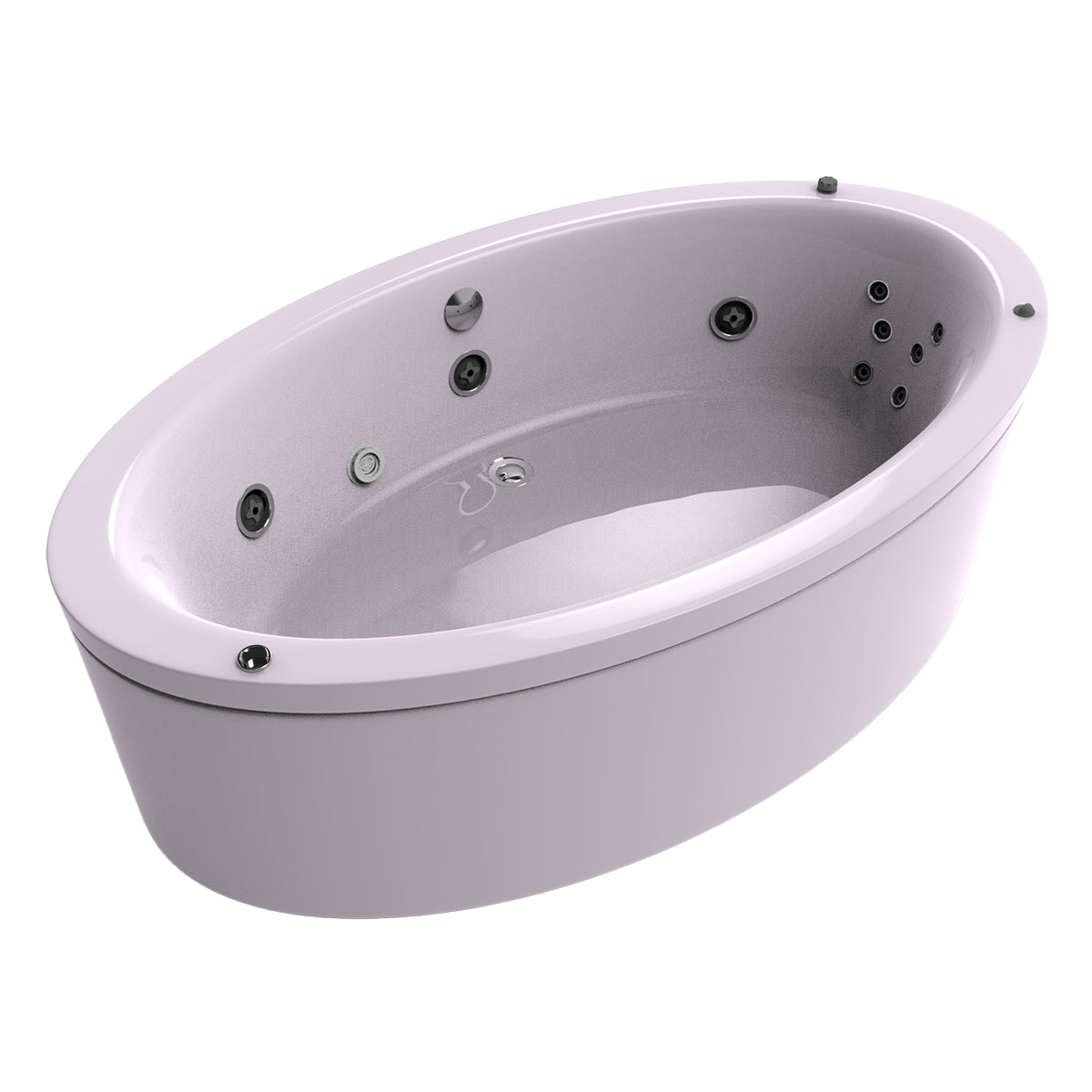 Variante color rosa claro del modelo 100-02 con hidromasaje y diseño ovalado envolvente