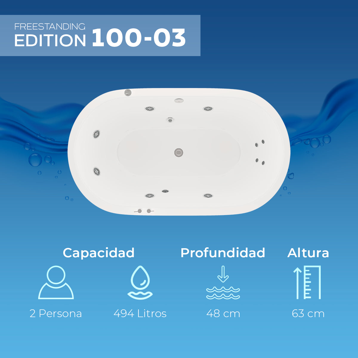 Infografía con capacidad de 494 L y profundidad de 48 cm del modelo 100-03