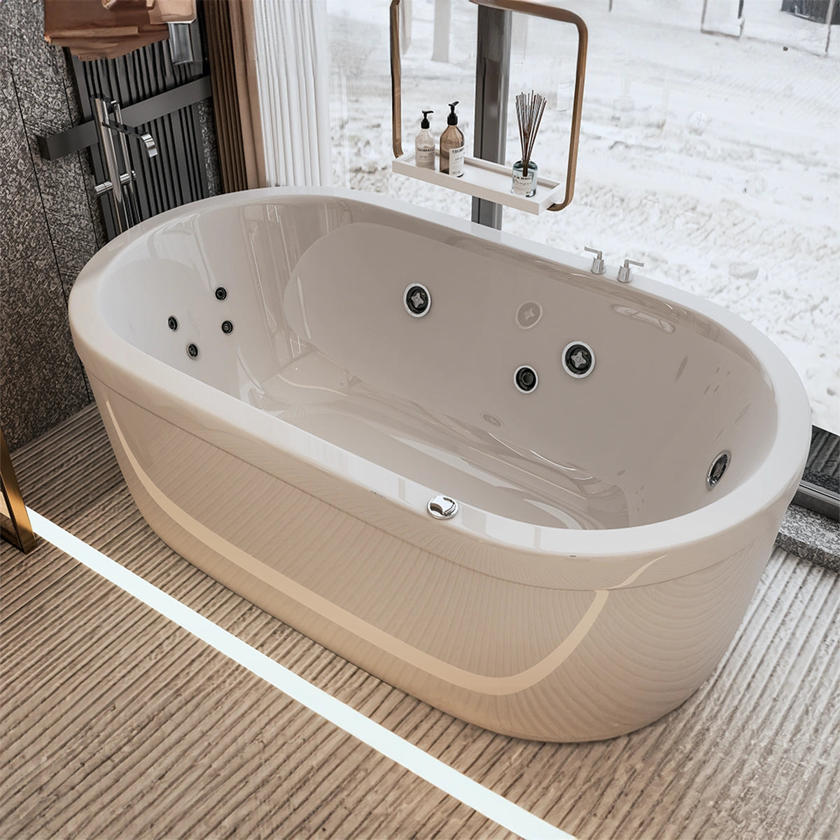 Modelo 100-03 en acabado color blanco, en baño cálido con vista aerea
