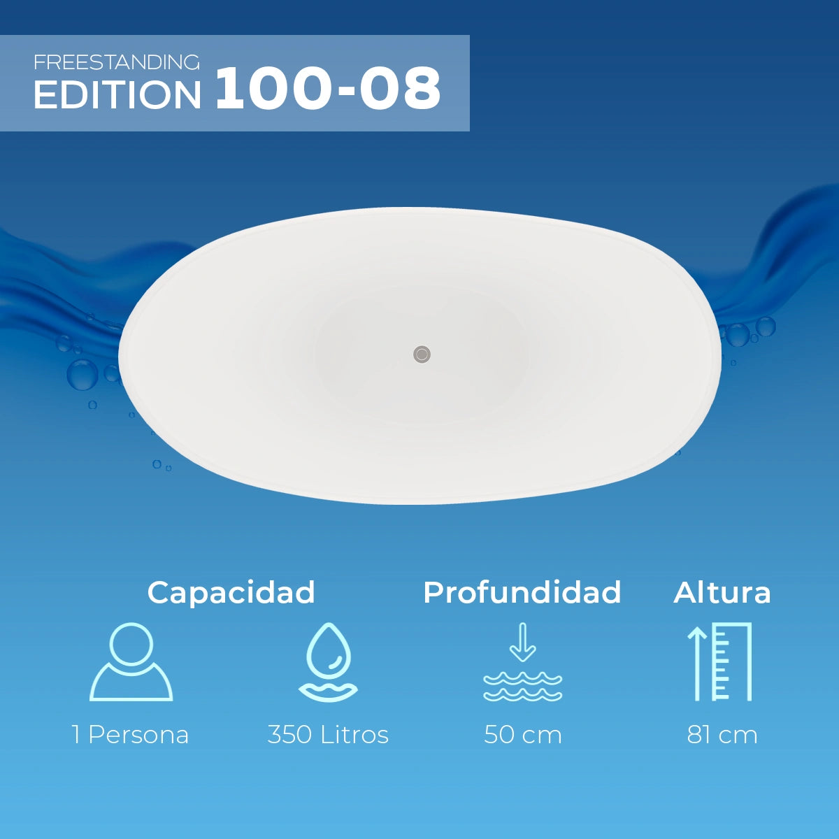 Infografía del modelo 100-08 con capacidad de 350 litros y profundidad de 50 cm