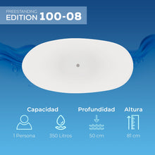 Infografía del modelo 100-08 con capacidad de 350 litros y profundidad de 50 cm