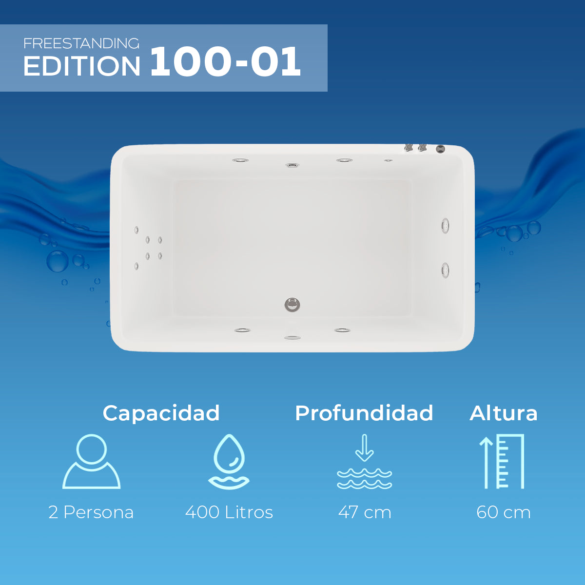 Infografía de capacidad de la tina 100-01: 400 L para 2 adultos, profundidad de 47 cm